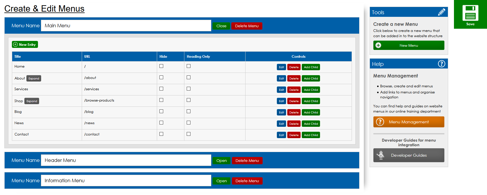 Website Menu Management