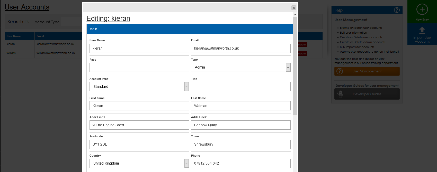 Editing a user account in your EOS CMS